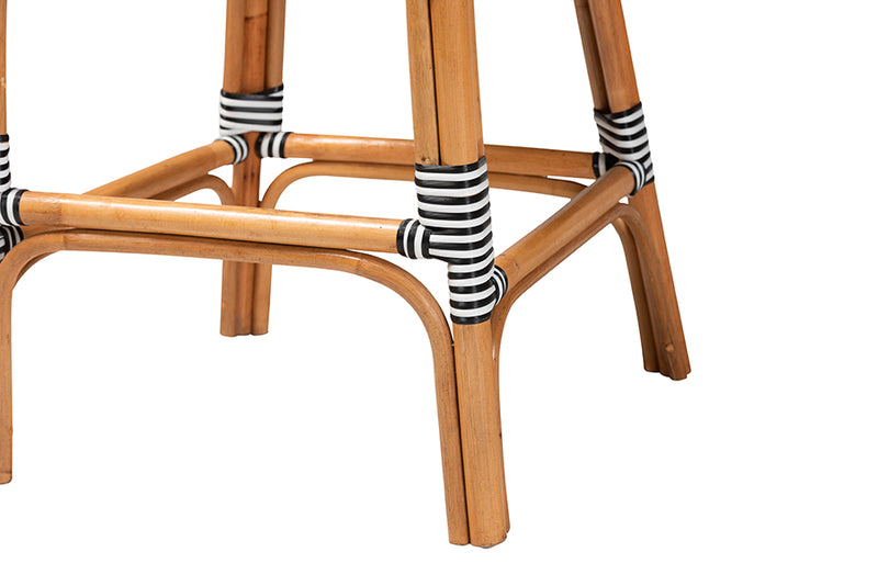 Barnes Classic French Two-Tone Black and White Weaving and Natural Rattan Bar Stool