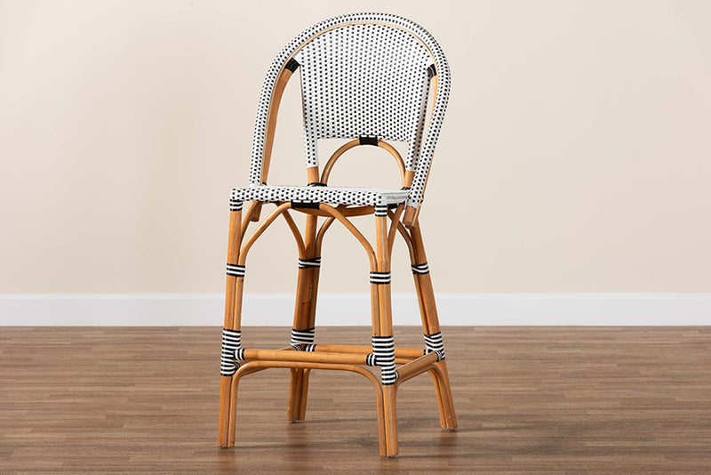 Barnes Classic French Two-Tone Black and White Weaving and Natural Rattan Bar Stool