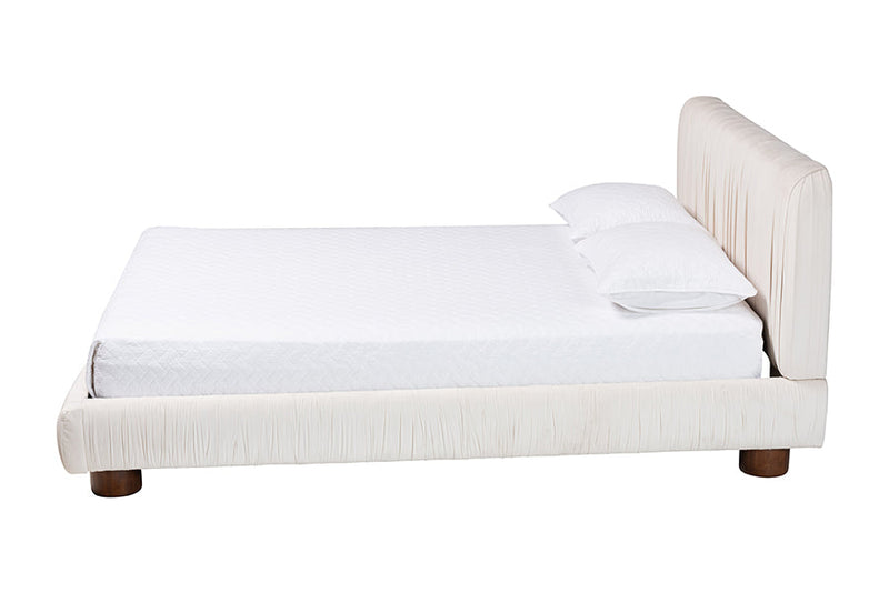 Gendry Luxe Ivory Pleated Velvet Queen Size Platform Bed Baxton