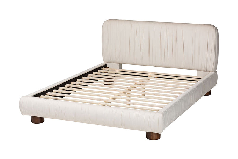 Gendry Luxe Ivory Pleated Velvet Queen Size Platform Bed Baxton