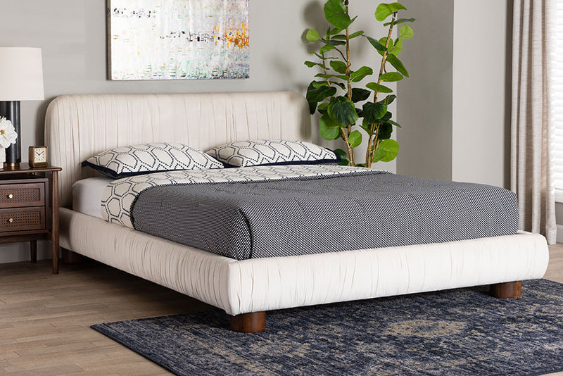 Gendry Luxe Ivory Pleated Velvet Queen Size Platform Bed Baxton