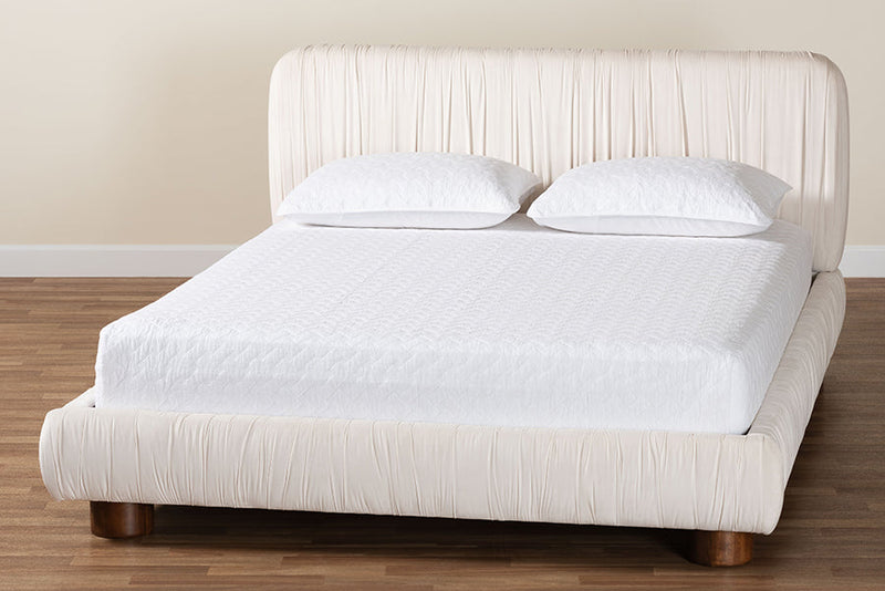 Gendry Luxe Ivory Pleated Velvet Queen Size Platform Bed Baxton