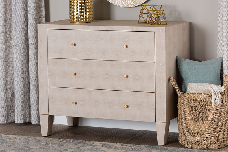Easton Modern Beige Faux Shagreen 3-Drawer Storage Cabinet Baxton