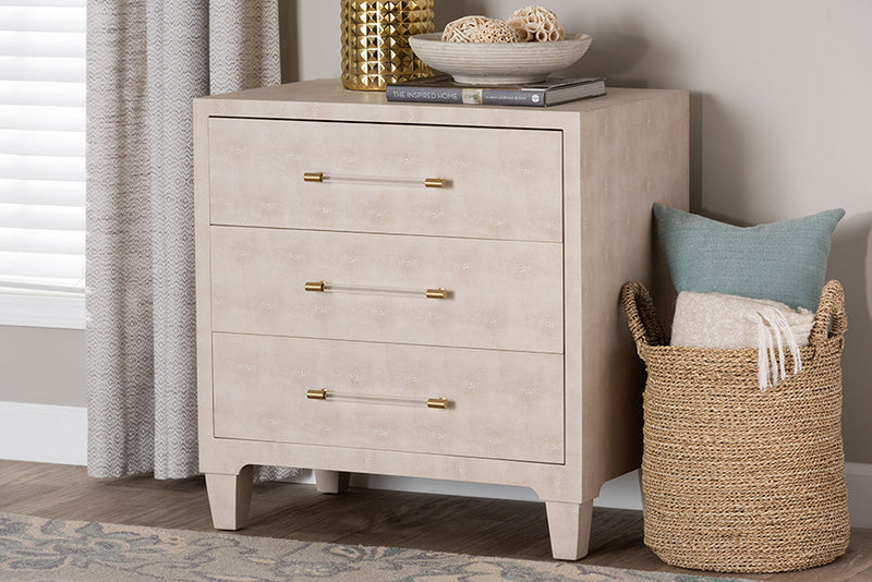 Sydney Modern Beige Faux Shagreen 3-Drawer Storage Cabinet Baxton