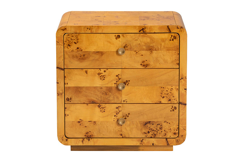 Arcene Natural Real Burl Wood 3-Drawer Nightstand Baxton