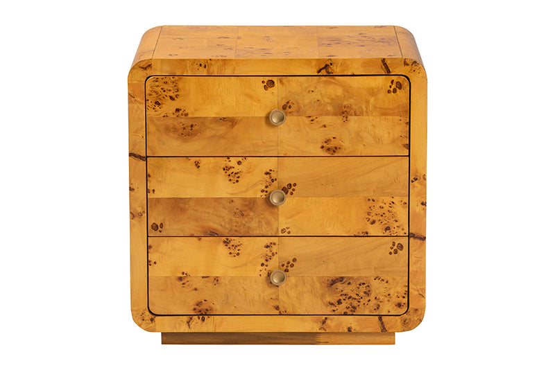 Arcene Modern and Contemporary Natural Real Burl Wood 3-Drawer Nightstand