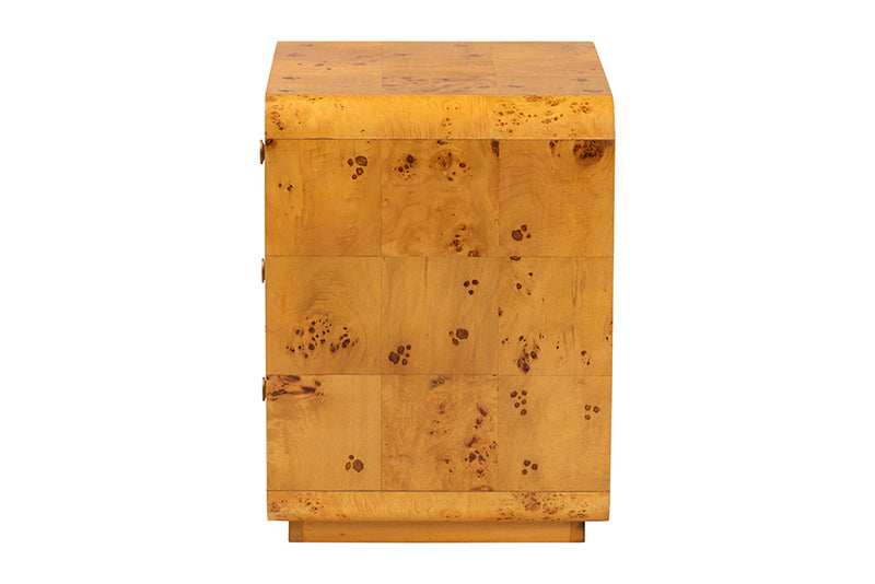 Arcene Modern and Contemporary Natural Real Burl Wood 3-Drawer Nightstand