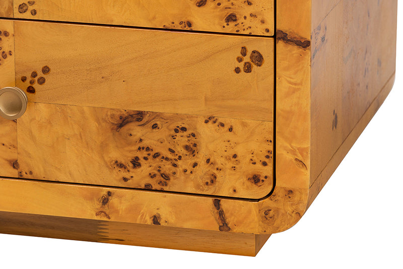 Arcene Modern and Contemporary Natural Real Burl Wood 3-Drawer Nightstand