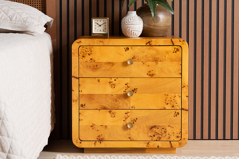 Arcene Natural Real Burl Wood 3-Drawer Nightstand Baxton