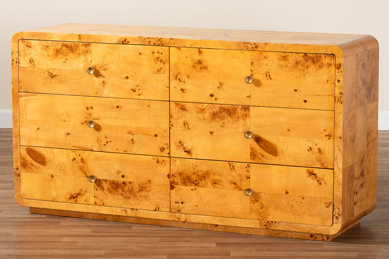 Arcene Modern and Contemporary Natural Real Burl Wood 6-Drawer Dresser