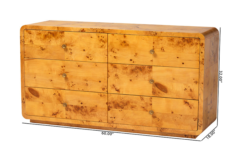 Arcene Modern and Contemporary Natural Real Burl Wood 6-Drawer Dresser