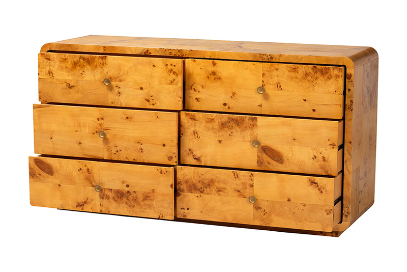 Arcene Modern and Contemporary Natural Real Burl Wood 6-Drawer Dresser