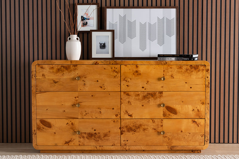 Arcene Modern and Contemporary Natural Real Burl Wood 6-Drawer Dresser