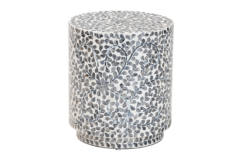 Janeth Coastal Black and White Mother of Pearl Capiz Shell Ottoman Footstool Baxton