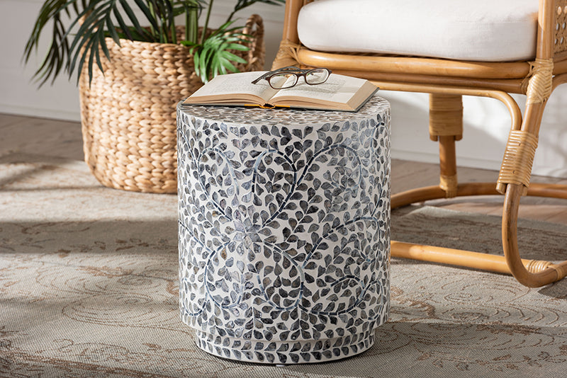 Janeth Coastal Black and White Mother of Pearl Capiz Shell Ottoman Footstool