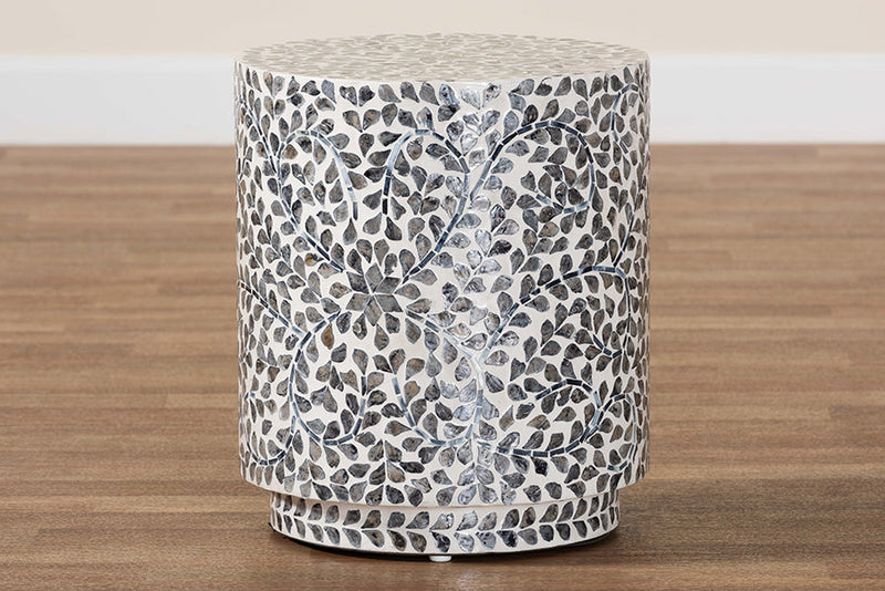 Janeth Coastal Black and White Mother of Pearl Capiz Shell Ottoman Footstool Baxton