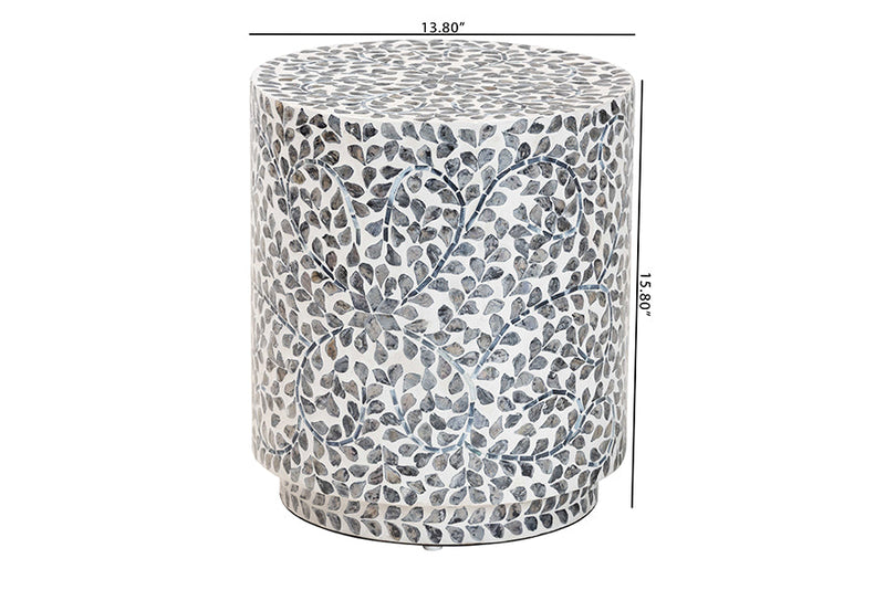 Janeth Coastal Black and White Mother of Pearl Capiz Shell Ottoman Footstool Baxton