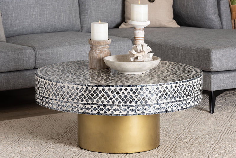 Elton Coastal Black and White Mother of Pearl Capiz Shell Coffee Table Baxton