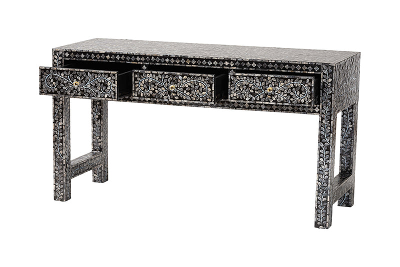 Jules Coastal Black and White Mother of Pearl Capiz Shell 3-Drawer Console Table