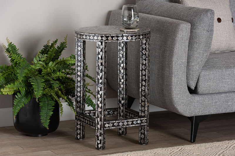 Jules Coastal Black and White Mother of Pearl Capiz Shell End Table Baxton