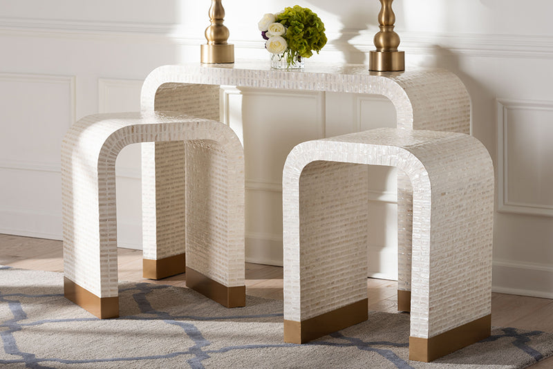 Christa Coastal Beige and White Mother of Pearl Capiz Shell 3-Piece Accent Table Set