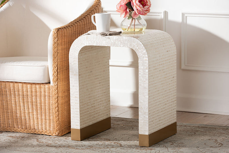 Christa Coastal Beige and White Mother of Pearl Capiz Shell End Table Baxton