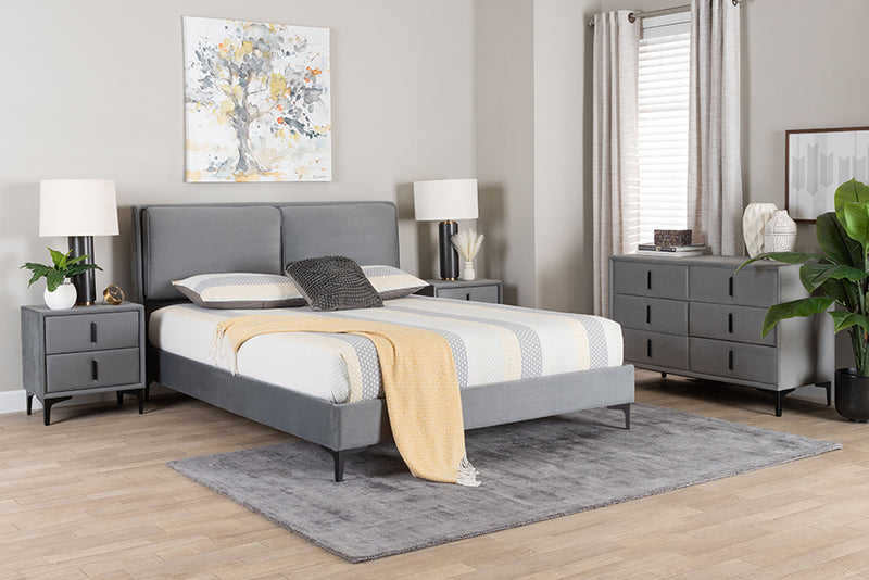 Jaspen Modern Slate Gray Velvet Queen 4-Piece Bedroom Set