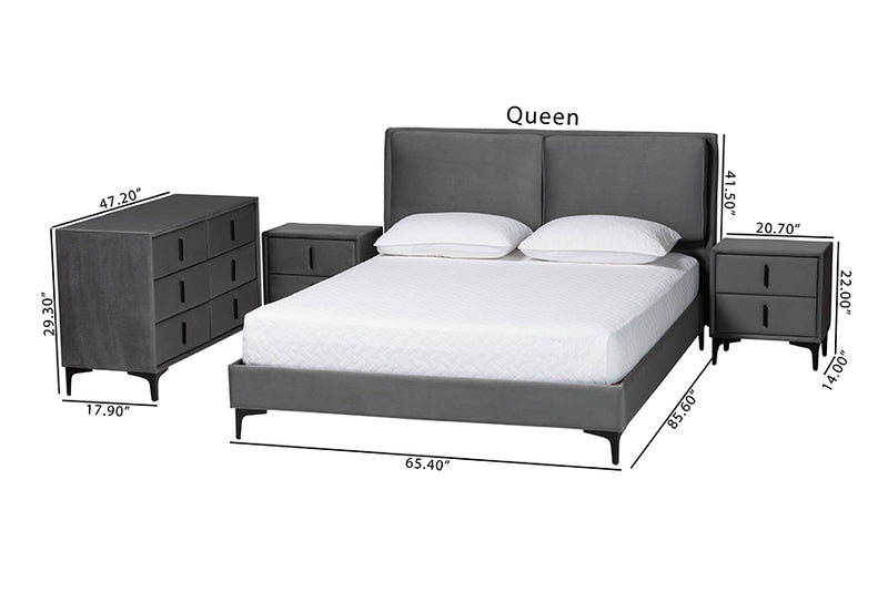 Jaspen Modern Slate Gray Velvet Queen 4-Piece Bedroom Set