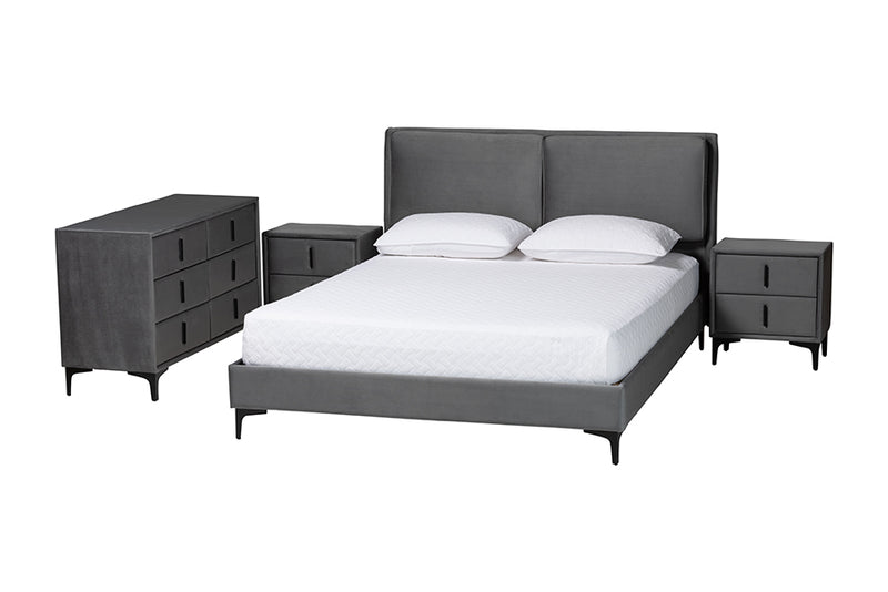 Jaspen Modern Slate Gray Velvet Queen 4-Piece Bedroom Set