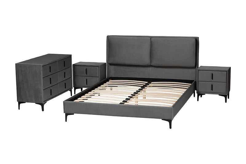 Jaspen Modern Slate Gray Velvet Queen 4-Piece Bedroom Set