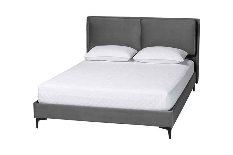 Jaspen Modern Slate Gray Velvet Queen Platform Bed Baxton