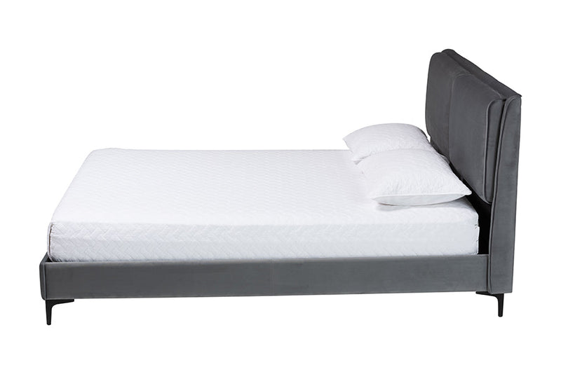 Jaspen Modern Slate Gray Velvet Queen Platform Bed Baxton