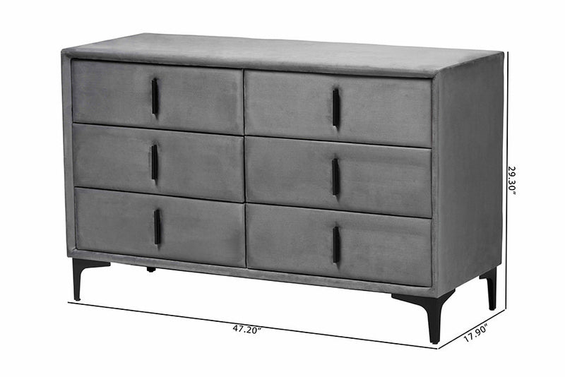 Jaspen Modern Slate Gray Velvet 6-Drawer Dresser Baxton