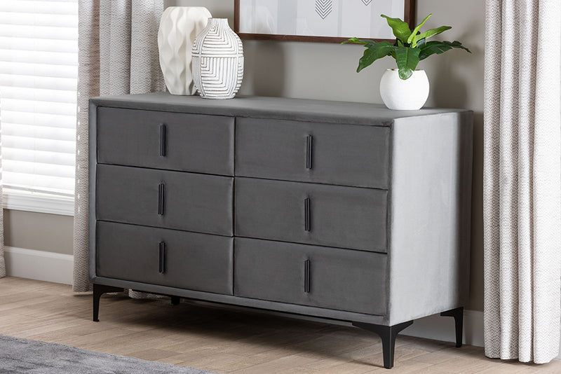 Jaspen Modern Slate Gray Velvet 6-Drawer Dresser