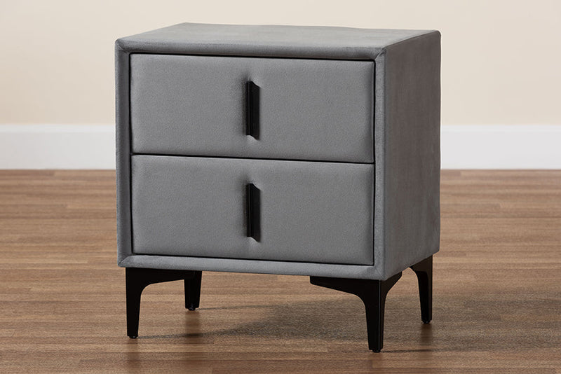 Jaspen Modern Slate Gray Velvet 2-Drawer Nightstand Baxton
