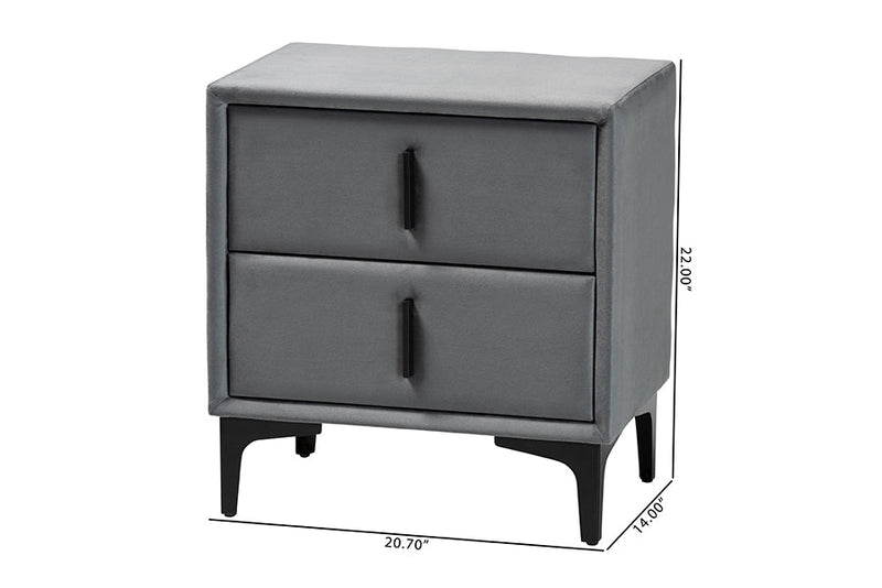 Jaspen Modern Slate Gray Velvet 2-Drawer Nightstand Baxton