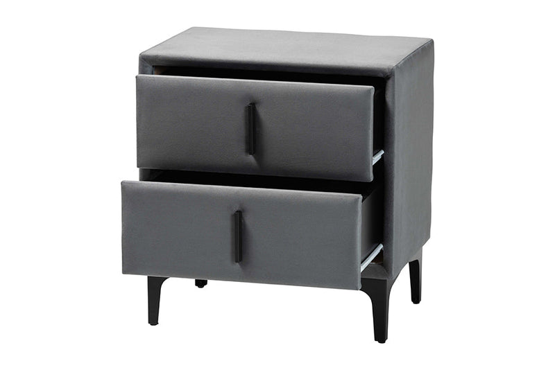 Jaspen Modern Slate Gray Velvet 2-Drawer Nightstand Baxton