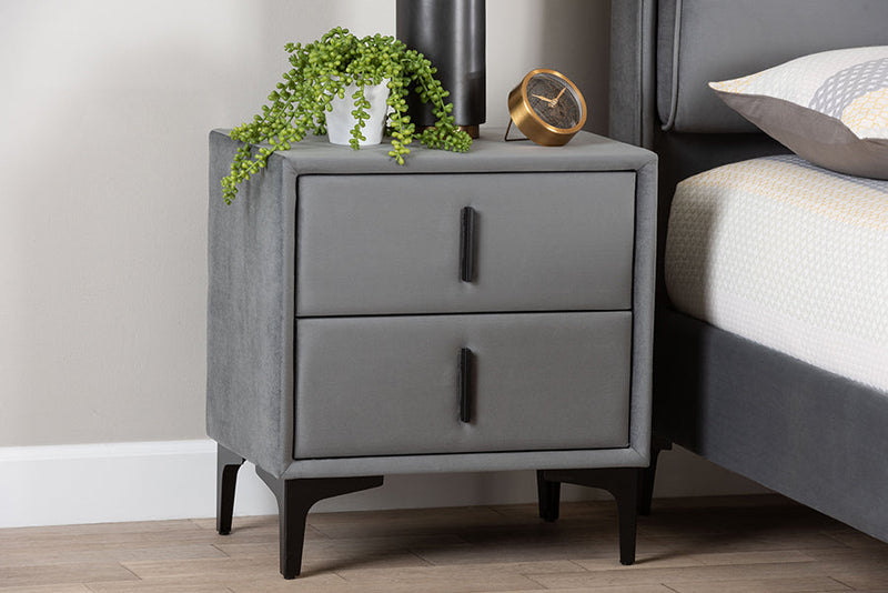 Jaspen Modern Slate Gray Velvet 2-Drawer Nightstand Baxton