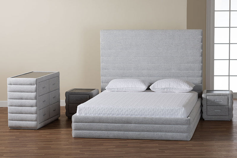 Cadencia Modern Light Gray Channel-Tufted Fabric King Size 4Pc Bedroom Set Baxton
