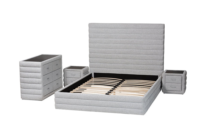 Cadencia Modern Light Gray Channel-Tufted Fabric King Size 4Pc Bedroom Set Baxton