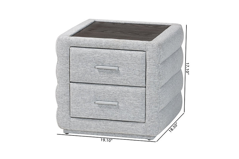 Cadencia Modern Light Gray Channel-Tufted Fabric 2-Drawer Nightstand Baxton