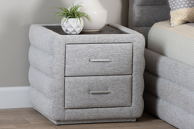 Cadencia Modern Light Gray Channel-Tufted Fabric 2-Drawer Nightstand