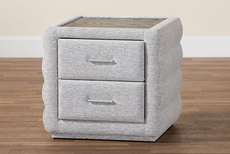 Cadencia Modern Light Gray Channel-Tufted Fabric 2-Drawer Nightstand Baxton