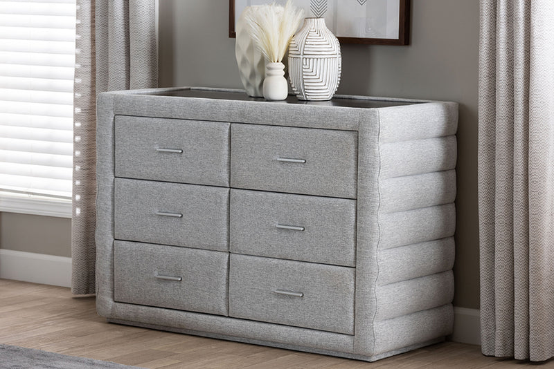 Cadencia Modern Light Gray Channel-Tufted Fabric 4-Drawer Dresser