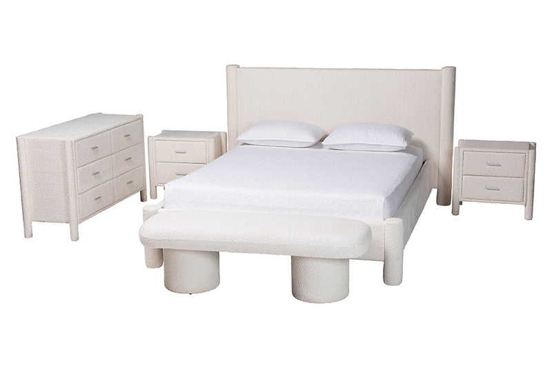 Lilly Modern White Teddy-Bear Fabric Queen Size 5-Piece Bedroom Set Baxton