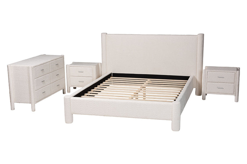 Lilly Modern White Teddy-Bear Fabric King Size 4Pc Bedroom Set Baxton