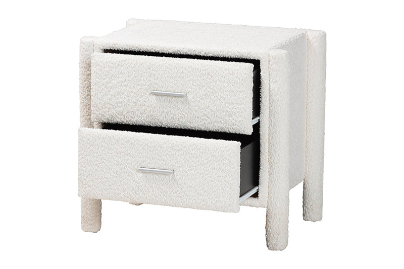 Lilly Modern White Teddy-Bear Fabric 2-Drawer Nightstand Baxton
