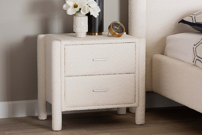 Lilly Modern White Teddy-Bear Fabric 2-Drawer Nightstand Baxton