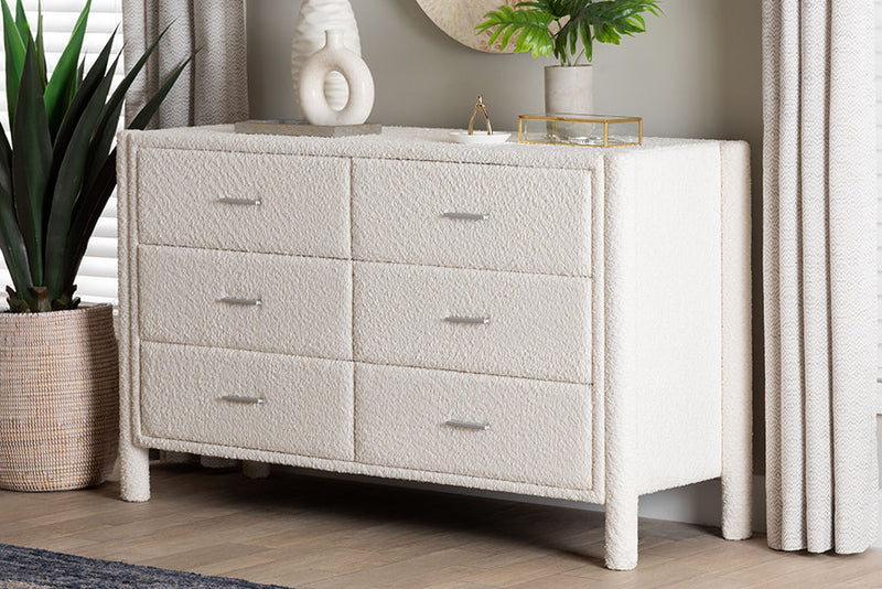 Lilly Modern White Teddy-Bear Fabric 6-Drawer Dresser Baxton