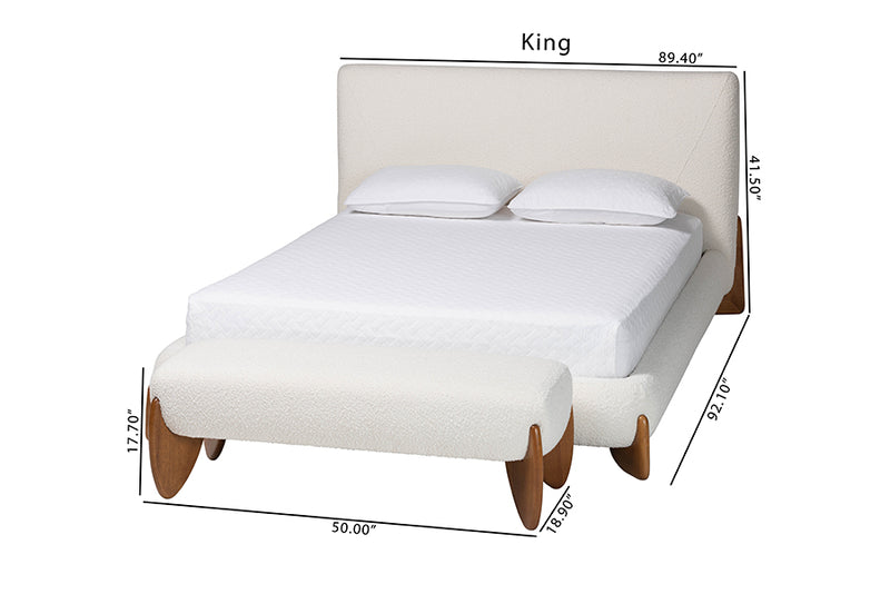 Clarisse Mid-Century Modern Cream Boucle Queen Size 2-Piece Bedroom Set